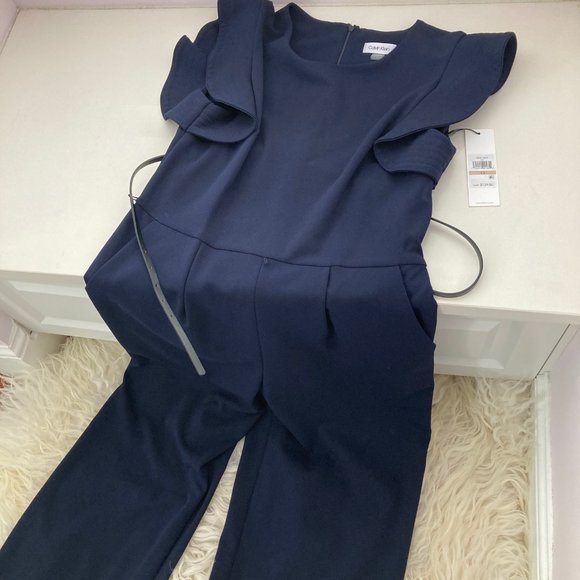 Calvin Klein Ruffle Cap Sleeve Belted Jumpsuit - Picture 5 of 9